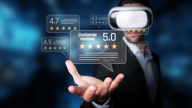 A business professional interacts with virtual reality technology displaying customer reviews and ratings in a digital format, emphasizing user feedback and engagement. Raster