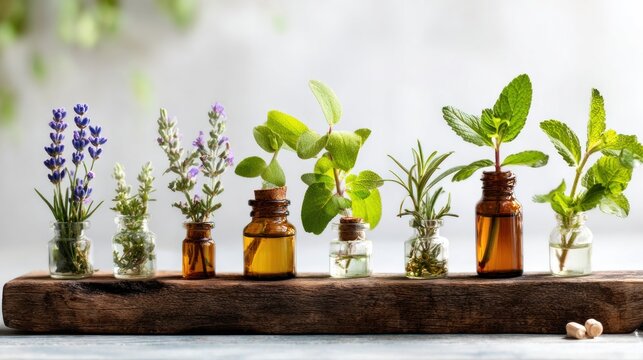 Essential oil collection with herbs in glass bottles on wooden surface