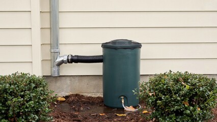 Obraz premium Green rain barrel connects to a metal downspout to capture storm water run-off from the side of a residential home.