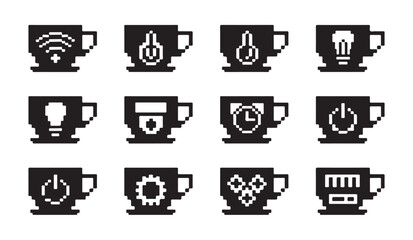 Pixel art smart home technology icons on coffee cups, modern house automation and control concepts. © VANU