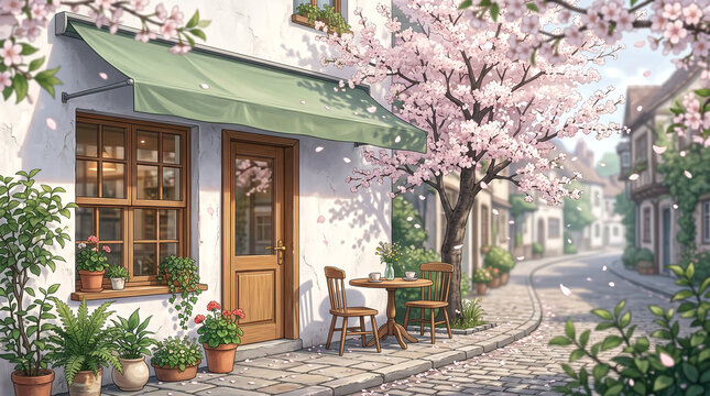Cozy Cafe with Cherry Blossoms