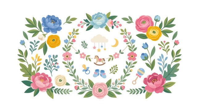 Flat vector illustration of baby shower elements including pastel flowers, wreaths, rocking horse, pacifier, booties, rattle, and nursery decorations on a white background.