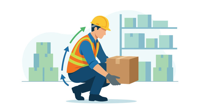 Warehouse worker demonstrating proper lifting technique for safe manual handling of boxes to prevent back injury