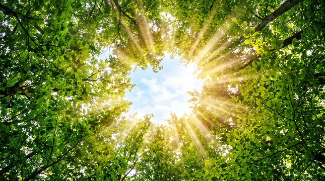 Sunlight rays beaming through green forest canopy, ecological premium nature background