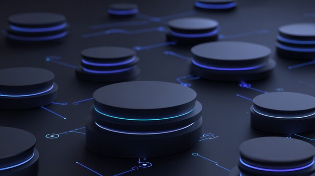 Dark futuristic network background featuring multiple 3d circular nodes with glowing cyan edges and interconnected circuit lines