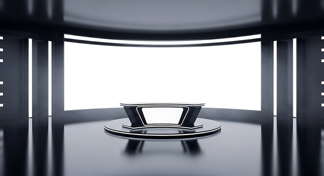A modern virtual television set design with a sleek news desk in a professional minimalist studio environment featuring bright backlighting and dark floor