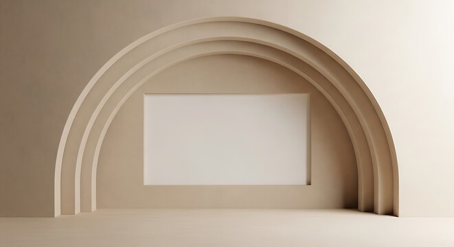 A modern virtual television set design featuring a minimalist beige arch background with a central rectangular frame for professional studio broadcast