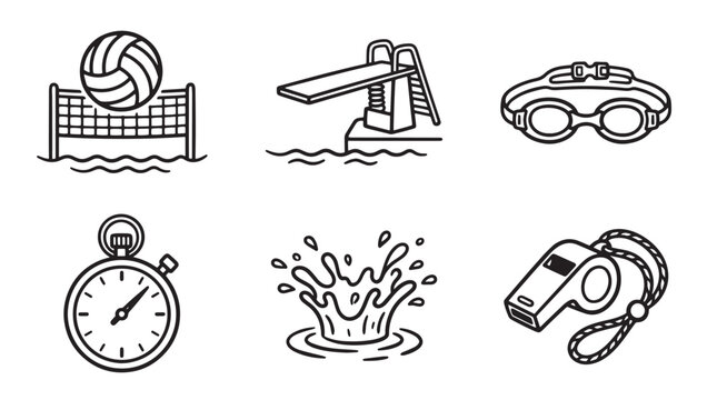 Set of six swimming and aquatic sport equipment icons including volleyball diving board goggles stopwatch splash whistle with swimming volleyball stopwatch equipment athletic exercise activity
