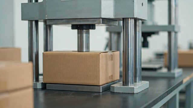 Industrial press machine compresses a brown cardboard box on a manufacturing factory table for final packaging.