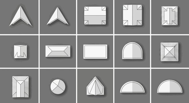 Set of Minimalist Geometric White Web UI Icons and Graphical Interface Element Shapes on a Flat Grey Background