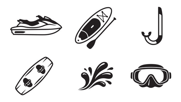 Water sports activities icon set featuring jet ski paddle board snorkel equipment and surfboard icons activities recreation equipment paddleboard surfboard adventure vacation lifestyle