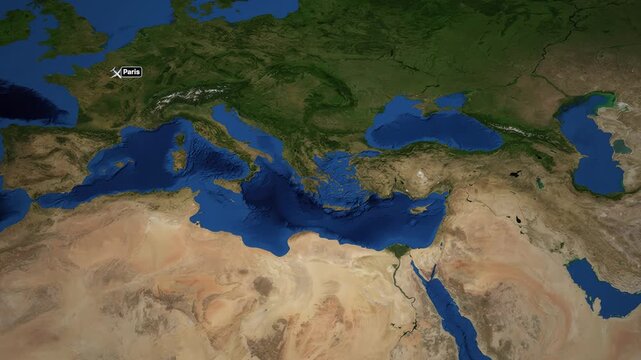 Animated Flight Route Map from Paris to Cairo over the Mediterranean Sea