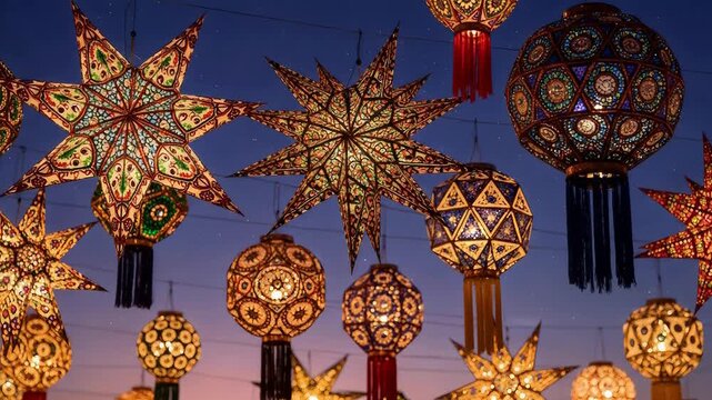 Decorative paper lanterns hanging in sky during Dussehra festival. Traditional glowing lamps with star and orb shape. Celebration light for Indian holiday event.