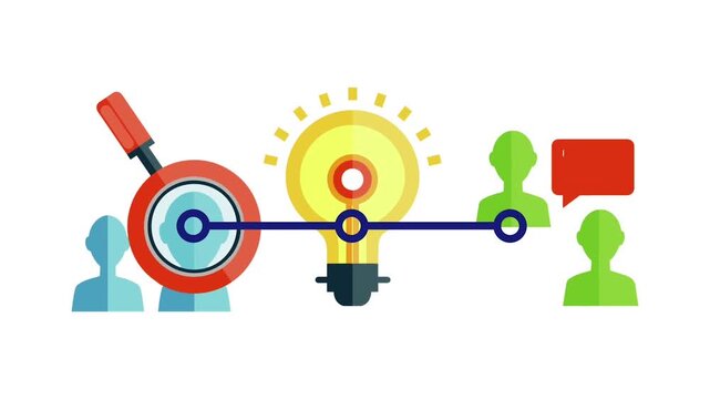 Business Strategy Line Graphic Linking Target Board with Creative Idea Light Bulb and Profiles 2D Animation