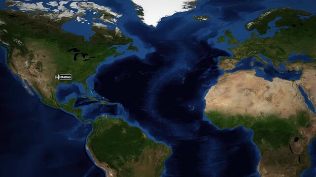 Animated Flight Route Map from Dallas to Copenhagen Across the Atlantic Ocean