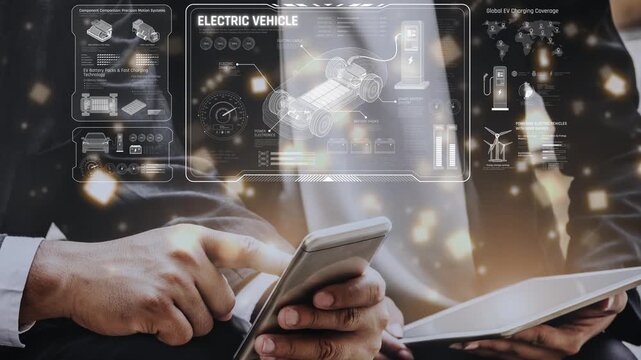 Technical layout of electric vehicle showing battery system, power control, traction motor, charging interface, and integration with renewable and smart energy sources Marrow