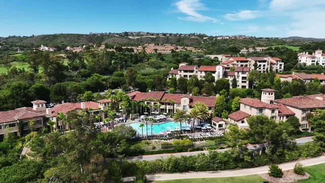 A Resort as seen from a UAV Aerial Drone showing the surrounding areas at the resort in Newport beach near the Pacific Coast