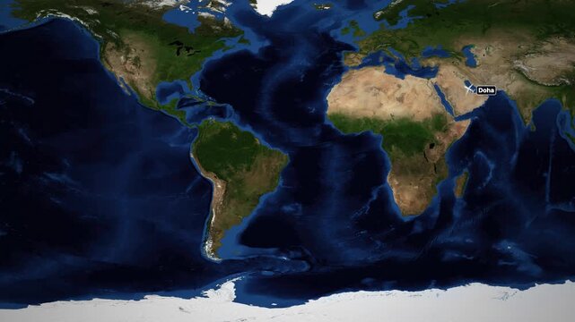 Animated World Map Showing Airplane Flight Path from Doha to San Francisco