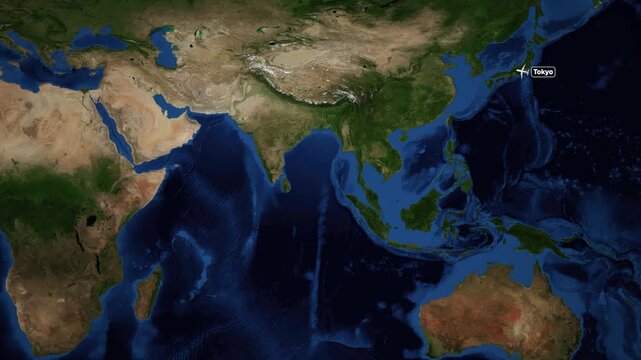 Animated Flight Route Map from Tokyo Japan to Addis Ababa Ethiopia