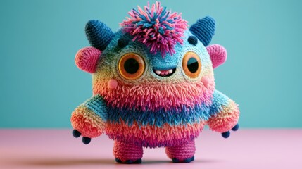Fototapeta premium Amigurumi crochet designer art toy resembling a cute fluffy blind box monster character on a pastel background.