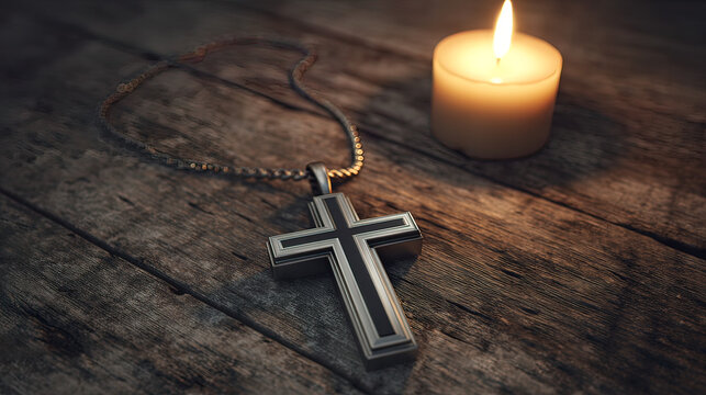 necklace. A silver cross necklace on a weathered wooden table lit by warm candlelight. event programs, museum guides, designed for cultural heritage projects and event programs.
