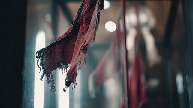 pennant. Tattered historical flag with burnt edges in a museum showcase. event programs, museum guides, designed for cultural heritage projects and event programs, preserves heritage.
