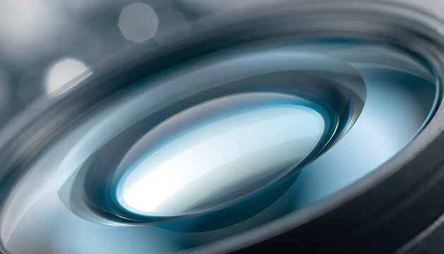 Glass lens closeup with soft blue premium reflective glow.

