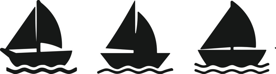 Sailing boat vector silhouette icons set with yacht and sea waves isolated on white background flat design illustration © MdMohsin