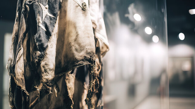 pennant. Tattered historical flag with burnt edges in a museum showcase. event programs, museum guides, designed for cultural heritage projects and event programs, preserves heritage.
