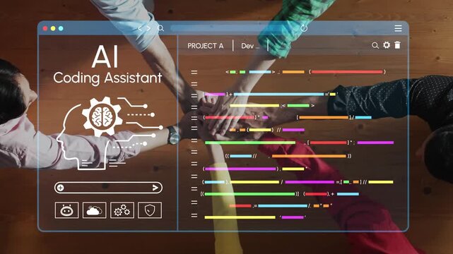 Innovative AI Coding Assistant Interface Featuring Colorful Code Syntax Displayed on a Virtual Screen with Modern Design Elements and Interactive Features. Entropy.