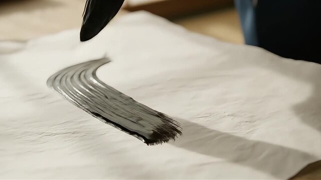 Close up of traditional calligraphy brush painting black ink stroke on white textured paper
