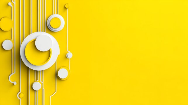 Abstract 3d illustration of yellow and white circles with circuit lines on vibrant yellow background for modern technology design