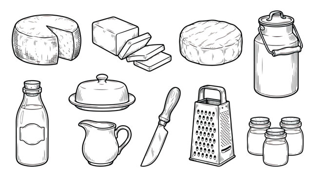 Vintage dairy product line art set, hand drawn milk and cheese icons, rustic farm food illustrations with butter and yogurt jars, 10 vector elements