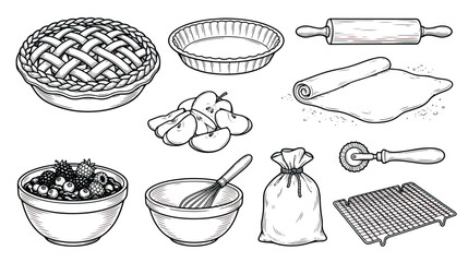 Vintage baking icons set, hand drawn apple pie and pastry ingredients, rustic kitchen tools and berry tart vector illustrations for bakery menus © Tayba