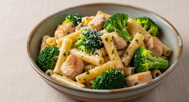 A delicious bowl of chicken broccoli ziti served in a rustic ceramic plate featuring tender pasta pieces, fresh steamed florets, and savory protein bites.
