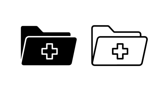 Medical health folder icons set in solid and outline design with hospital