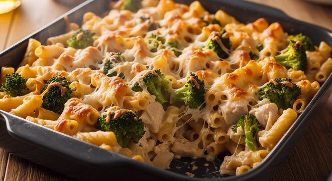 A delicious chicken broccoli ziti casserole baked with creamy white sauce and melted mozzarella cheese in a dark dish for a hearty home cooked family meal