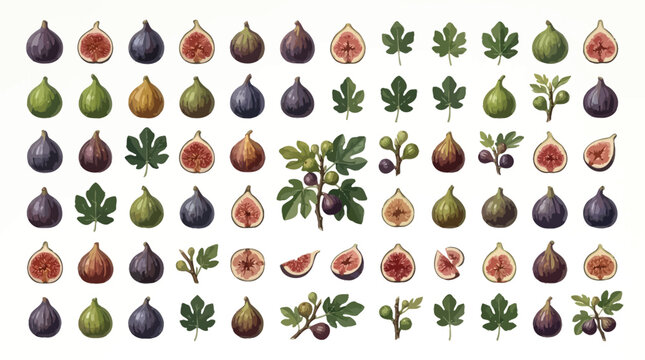 Collection of fresh figs, whole and sliced, with leaves and branches, showcasing variety in color and ripeness.