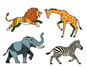Obraz premium Wild Animal Poses Collection: A detailed set of dynamic wild animal illustrations: dynamic lion, elephant, giraffe, zebra.