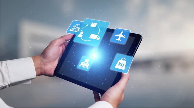 Logistics icons illustrate delivery, supply chain, warehouse, and shipping. Logistics connects global trade, logistics optimizes transport, and logistics supports inventory tracking. Gist