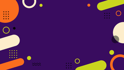 Vibrant shapes float on deep purple background. Geometric forms scatter with playful energy. Bold colors contrast against rich, dark tone. Modern design invites creativity and motion © El Hakim