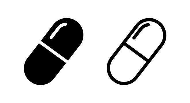 Diagonal medical capsule pill icons solid and outline graphic set with medicine