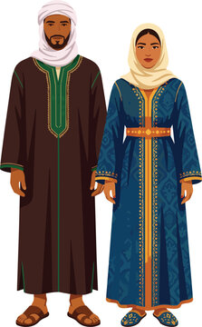 Moroccan family couple. Arab man and woman in national clothes, dressing. Arabic husband and wife wearing headscarf, traditional apparel, katan. Flat vector illustration isolated on white background