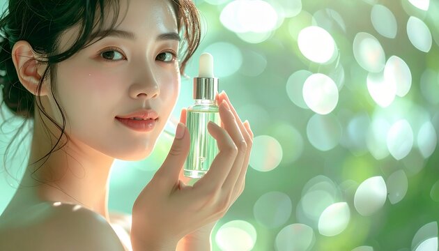緑のボケ背景で美容液セラムを見せる日本人女性
