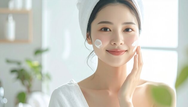 タオルを巻いて保湿クリームを塗る日本人女性のスキンケア