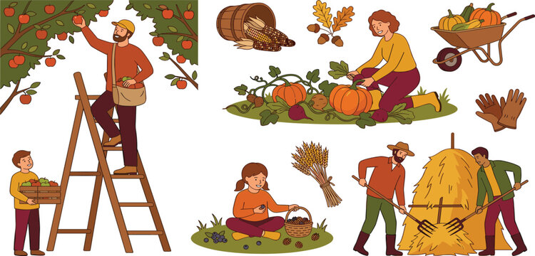 Happy farmers harvesting crops elements set with apple picking garden pumpkins hay stack wheat basket of berries and agricultural tools flat vector illustration