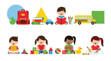 Naklejka premium A colorful vector illustration depicting children engaged in various learning and play activities, accompanied by diverse school supplies and toys.