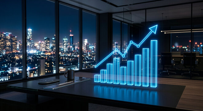 Futuristic holographic financial bar chart with upward arrow on an office desk, night city background
