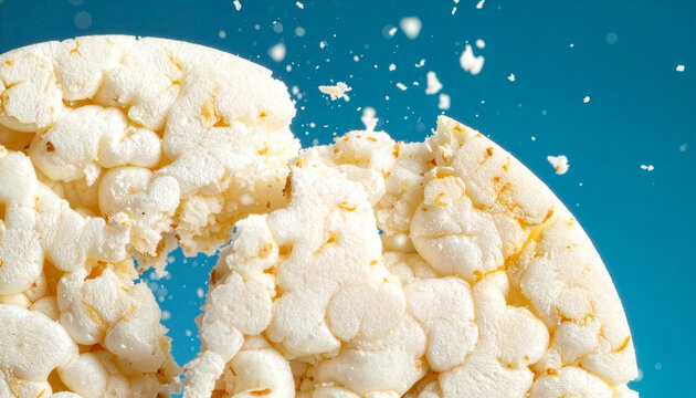 Crunchy puffed rice cake shattering with flying fragments and crumbs against a blue background
