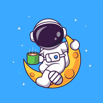 Cute Astronaut Drink Coffee On Moon Cartoon